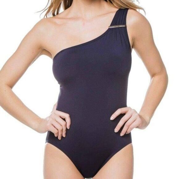 MICHAEL Michael Kors One Shoulder One-Piece Swimsuit Size 6 Navy Blue - Picture 2 of 11